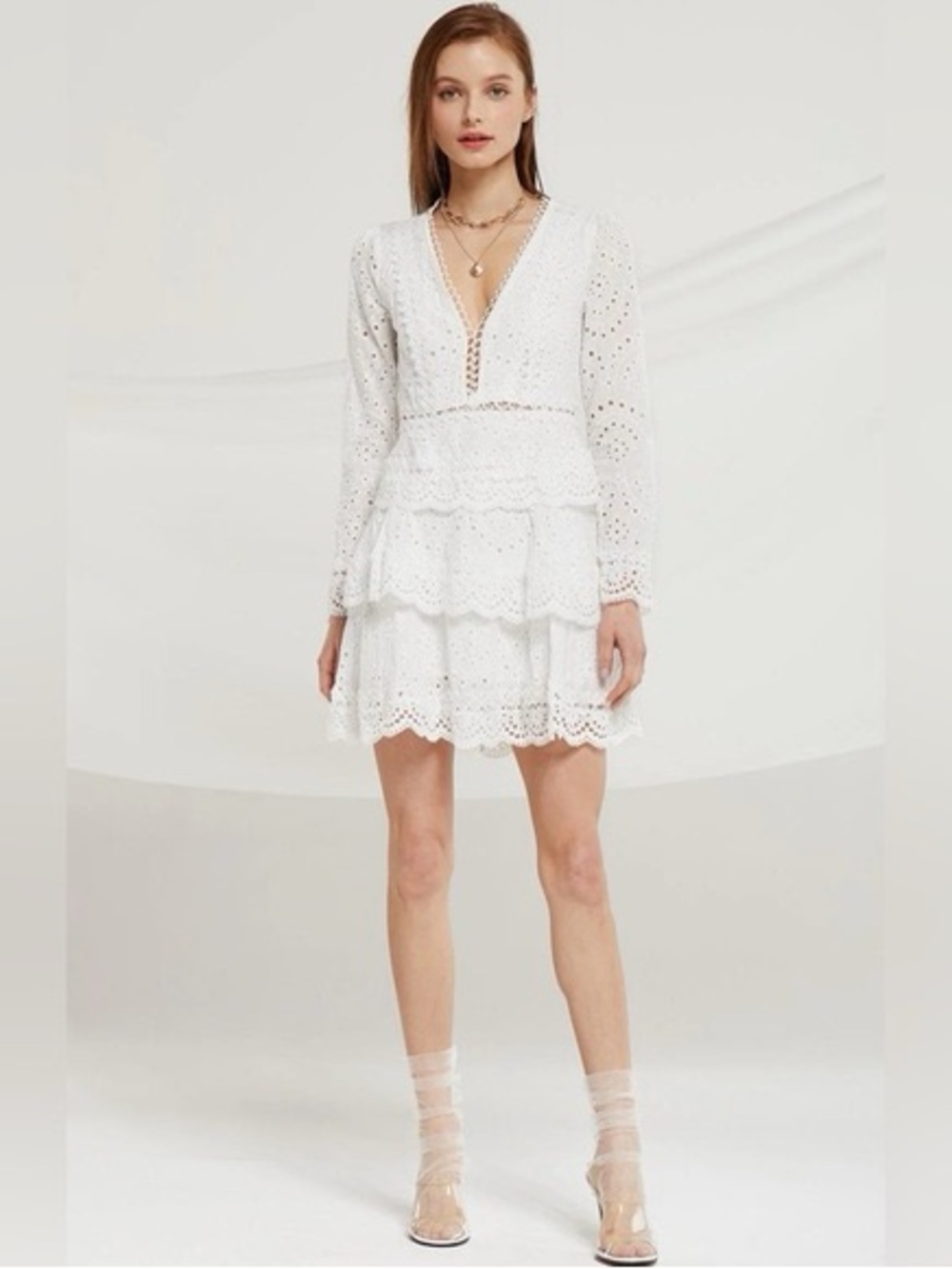 Simplee White Eyelet Tiered Long-Sleeve V-Neck Dress